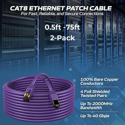 2-Pack CAT8 Ethernet Patch Cable Copper 26AWG SFTP RJ-45  0.5-75FT Purple Lot