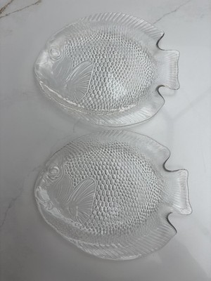 Paar 2er Set Klarglas Fischteller 10 1/2'' x 8 1/2'' Arcoroc Frankreich Vintage