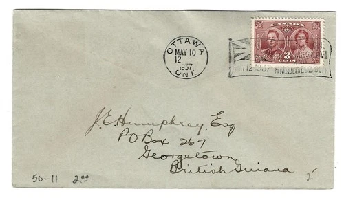 1937 Canada - Ottawa, Ontario Coronation Flag Cancel 3c Cover to British Guiana