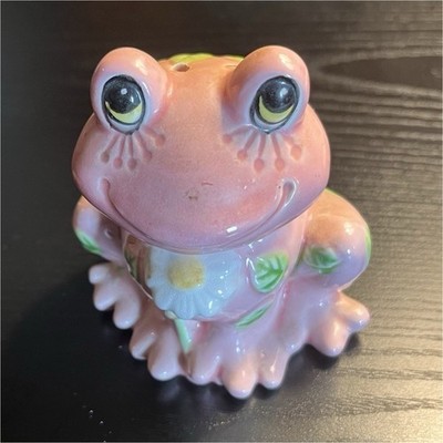 Pink Ceramic Frog Figurine, Hand Painted Glazed Floral, Removable Head, Small