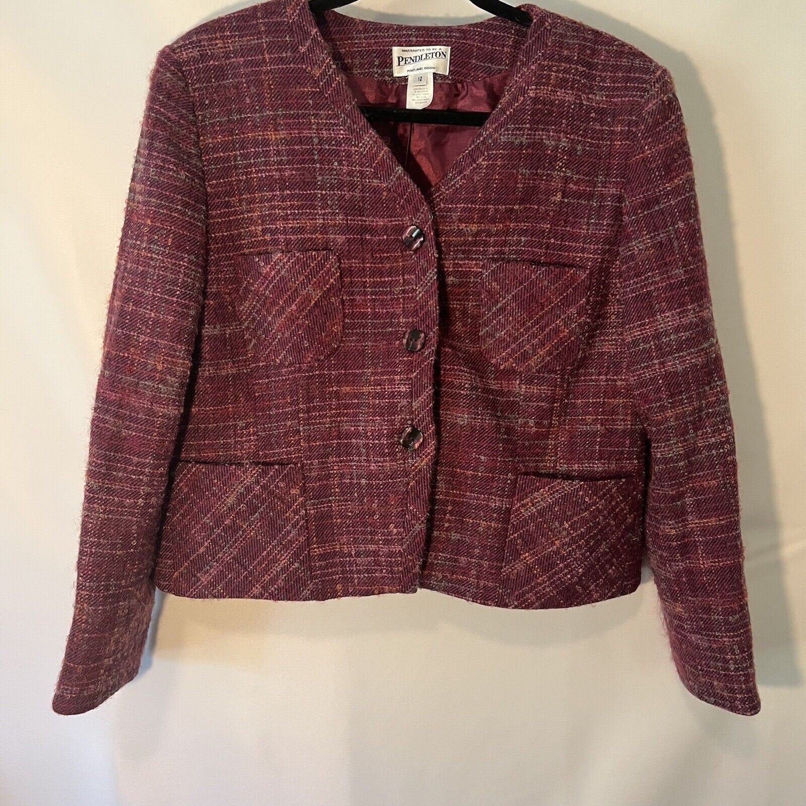 ALTRA Giacca Pendleton donna taglia 12 agnello lana mohair tweed bordeaux bouclé griglia