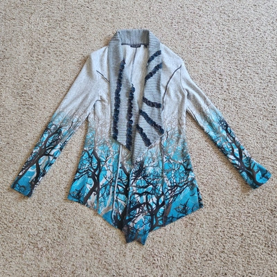 Dor Dor Couture Sweater Womens Small Open Cardigan Trees Blue Haunted Forest
