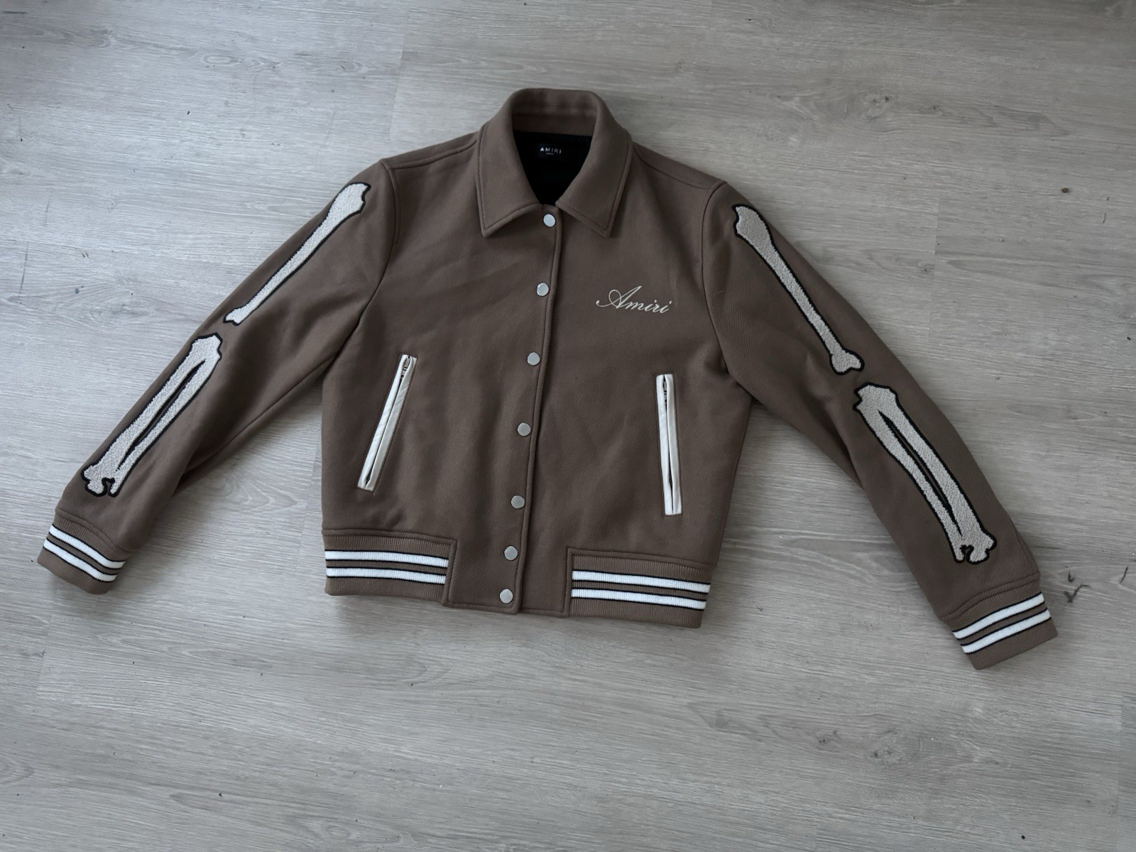 Amiri Brown Varsity Jacket Bone Appliqué Embroidered Striped Men's Large