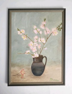 Vtg Floral Still Life Oil Painting Pink Blossoms in Jug Signed T Milliken Framed