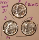 1950 P D S SILVER ROOSEVELT DIMES GEM BU D FULL BANDS! KEY DATE 500183 (3 COINS)
