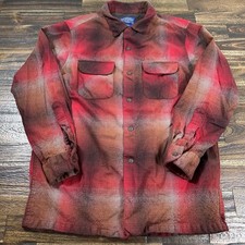 Pendleton Shadow Red Plaid Wool Board Shirt Large Men Loop Collar