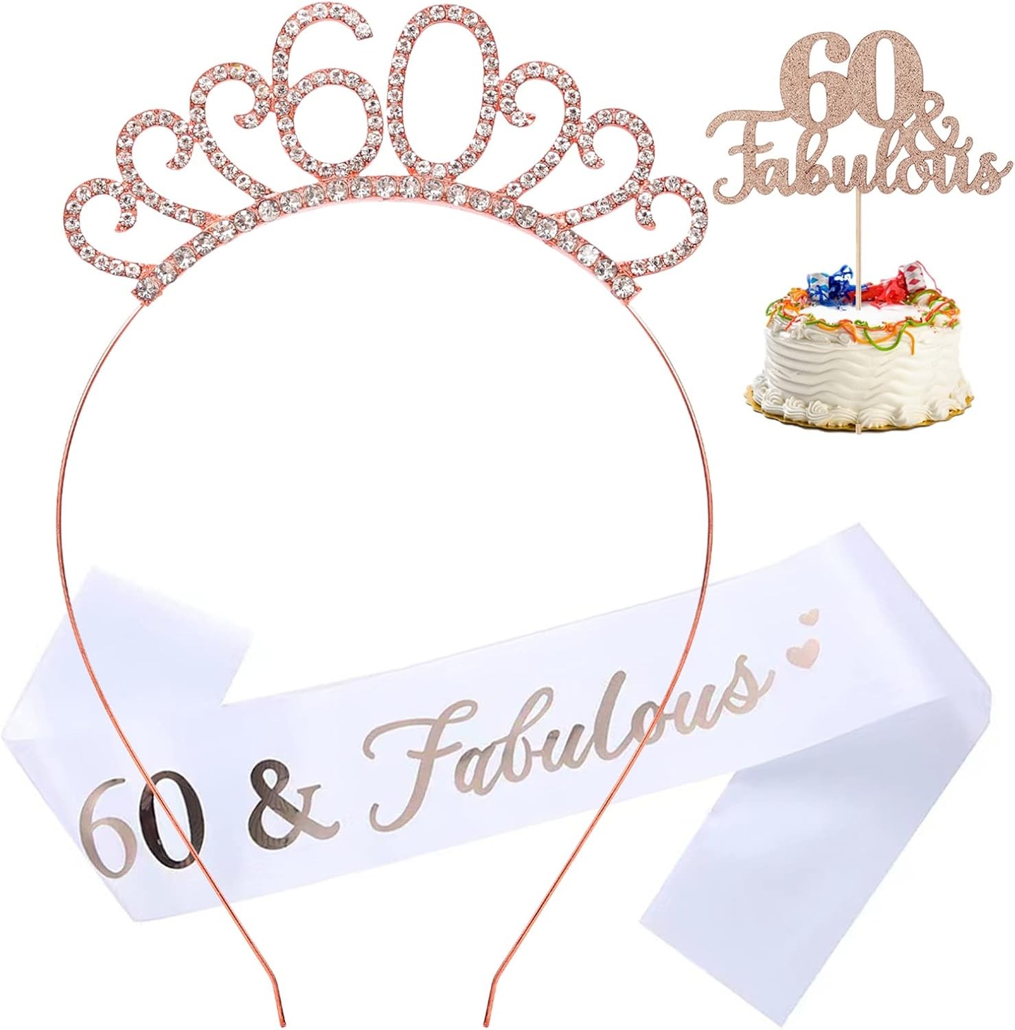 60 & Fabulous Sash & Rhinestone Tiara Cake Topper Set, Great Birthday Gifts,Ros