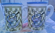 TWO Large Coffee Bean Coco Mug Blue Interior W/ Cup & Coffee Cup & Beans - A1