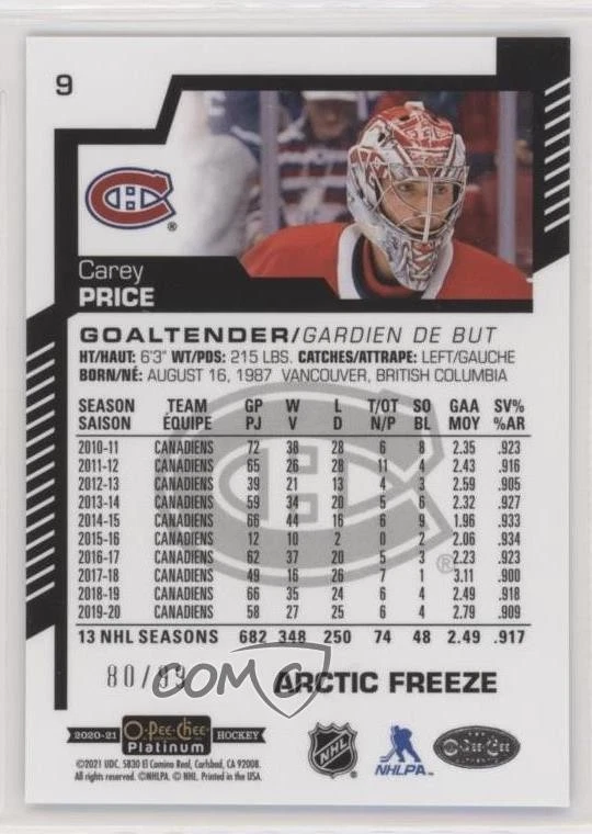 2020-21 O-Pee-Chee Platinum Arctic Freeze /99 Carey Price #9 - Image 2 of 2