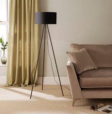 DESIGNER LEENA BLACK METAL TRIPOD FLOOR LAMP WITH BLACK FABRIC DRUM SHADE