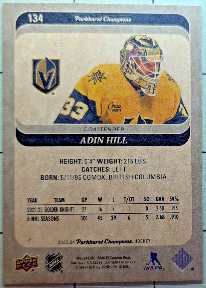 2023-24 Parkhurst Champions #134 Adin Hill - Image 2 of 2