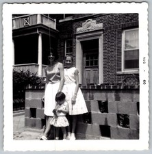 Vtg B&W Snapshot 2 Women & Girl In Dresses Brick House 1960