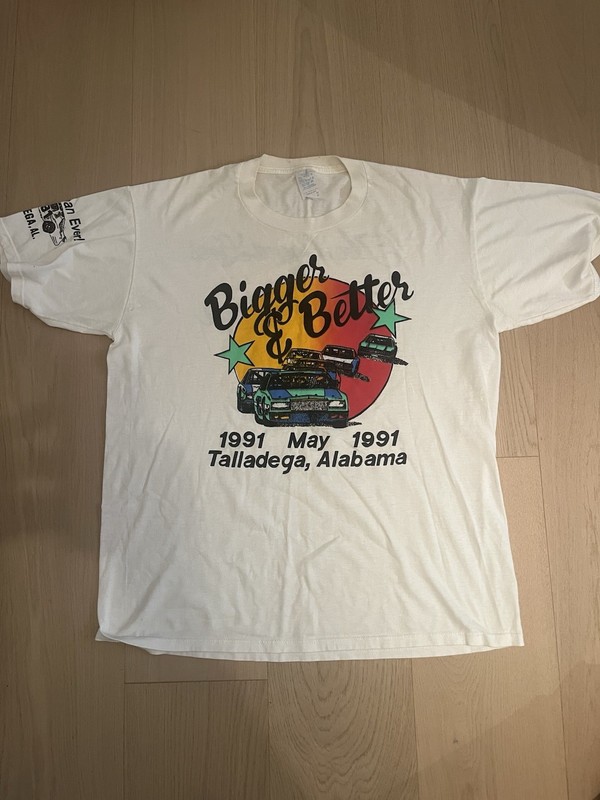 Talladega May 1991 "Bigger & Better" Auto Racing Vintage White T-Shirt NASCAR XL