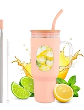 46 Oz Glass Tumbler with Straw and Lid   Peach Glass Water Bottle with Natural