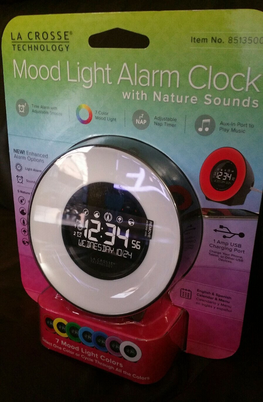 Alarm Clock with 7 Mood Light Color LCD w/ USB Charging Port La Crosse