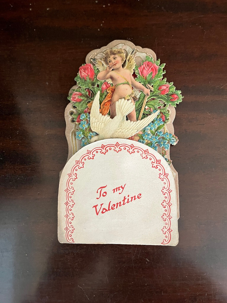 Early 20th century Valentine 3-D Pop Open Die Cut Card Cherub & Dove