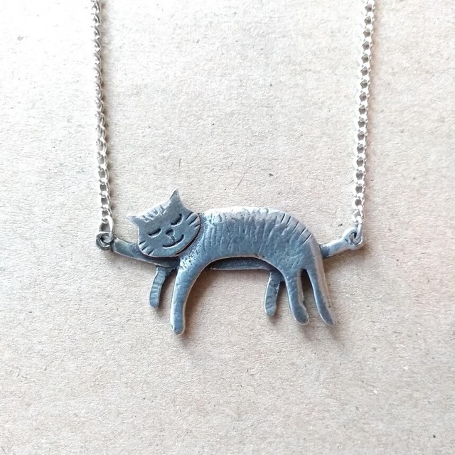 St Justin Pewter Sleeping Cat Necklace 