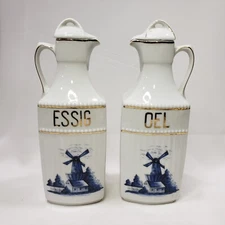 Vtg Oil Vinegar Cruet Set German Delft Style Blue Windmill Gold Trim Bottles