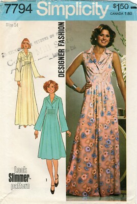 Simplicity 7794 Top Stitched Maxi Dress w Notched Collar Sz 14 CUT COMPLETE VTG