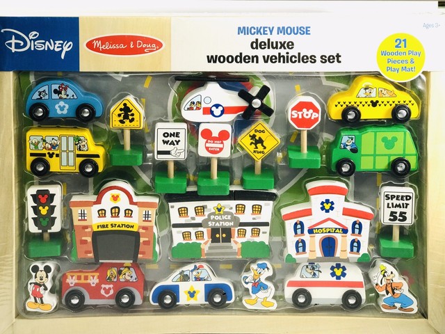 melissa and doug mickey mouse deluxe wooden vehicle set