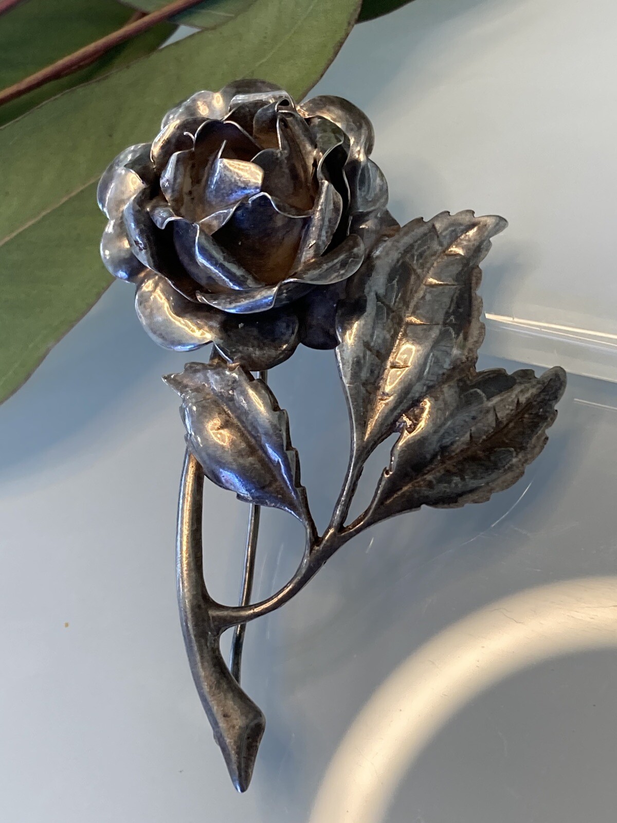 VTG Sterling 925 Solid Silver Rose Flower Pin 2.7… - image 2