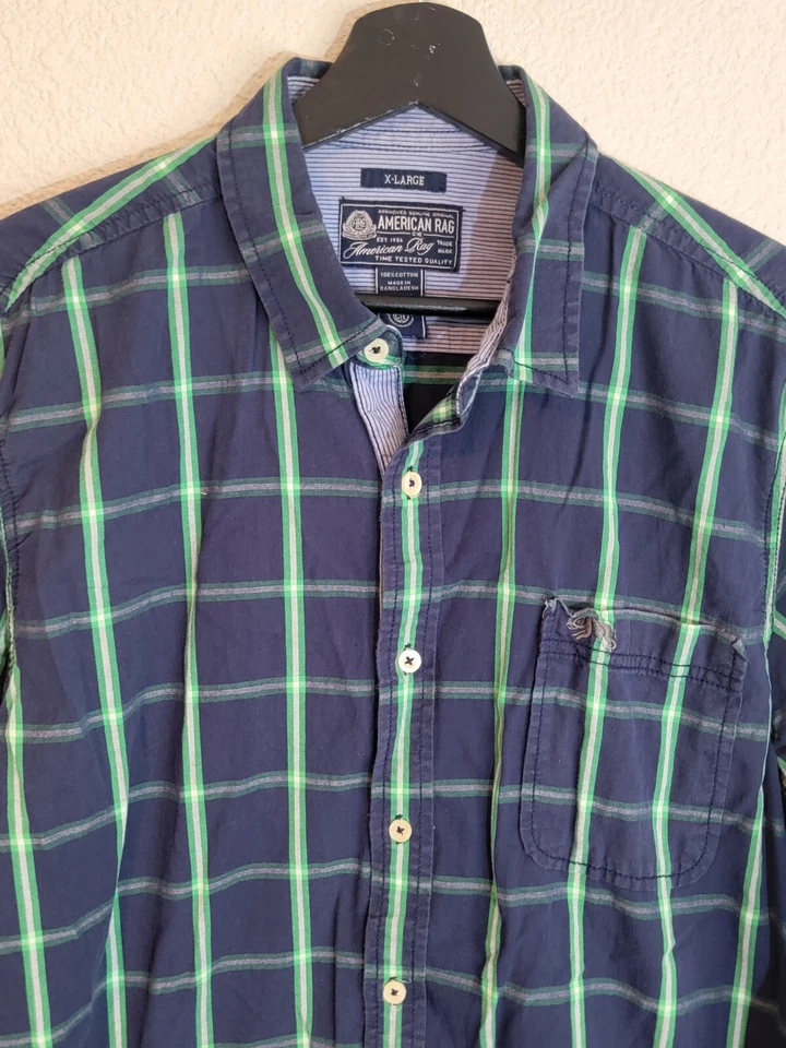 Camisa masculina American Rag Cie flanela botão para cima XL manga longa colar xadrez azul - Imagem 4 de 4
