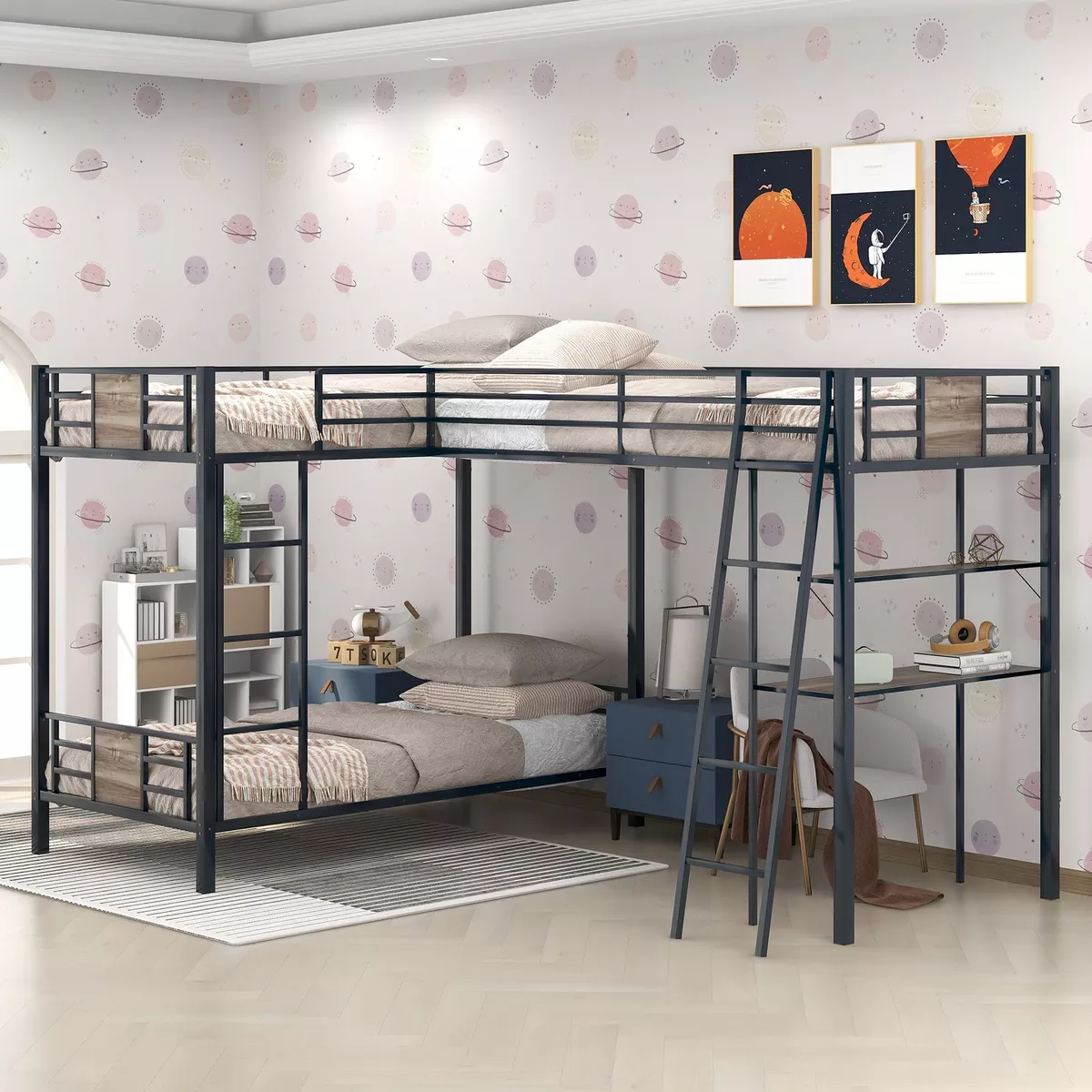 L shaped Metal Triple Bunk Bed Twin Over Twin Loft Bed with Ladder