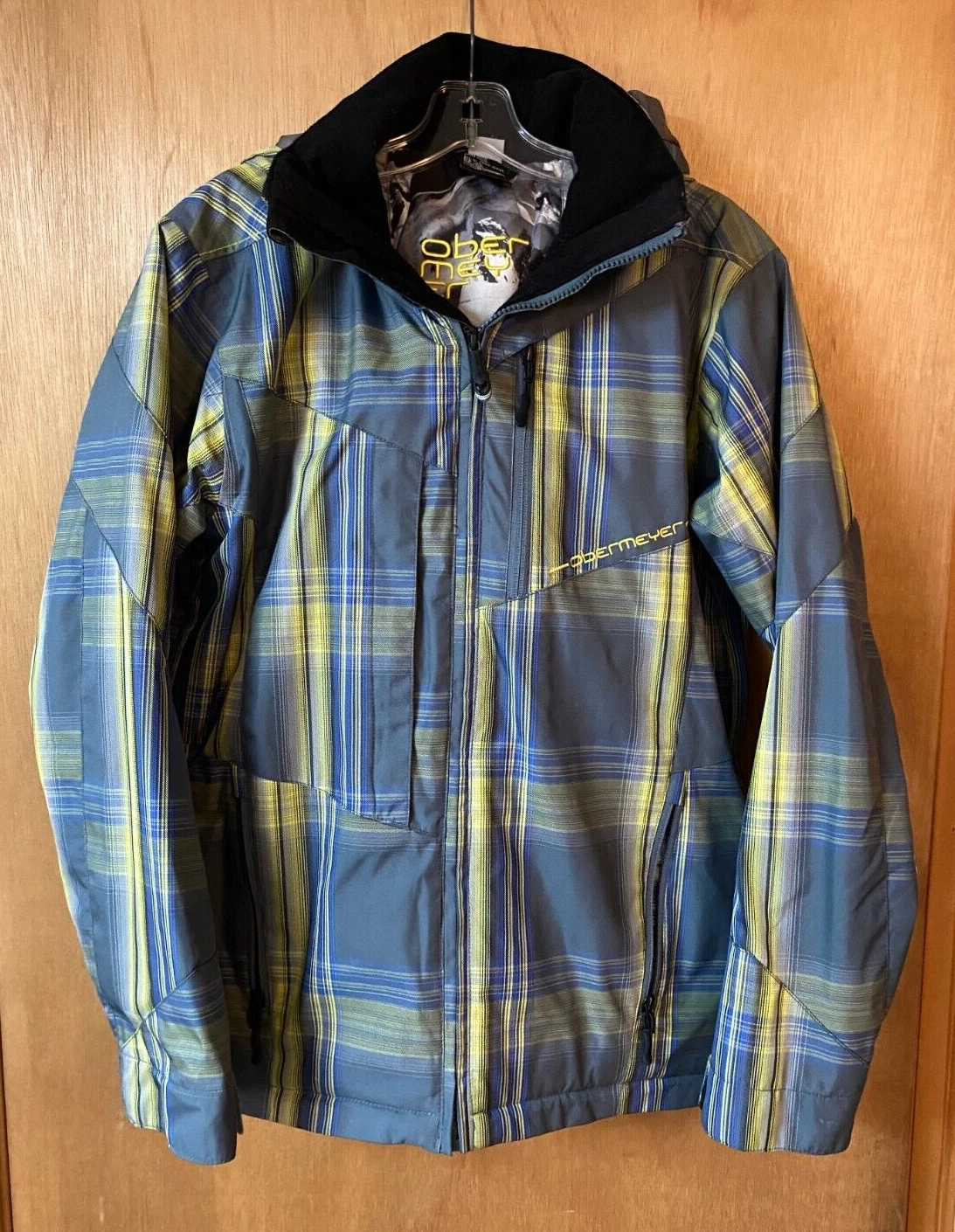 ✅ Obermeyer Ski Snowboard Jacket Men's Blue Green Plaid Hooded Insulated - XS