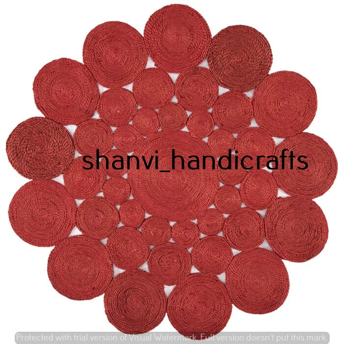 Bohemian Red Colour Round Rug Jute Rug Hand Braided Rug Jute Rug 7 Feet Area Rug - Image 2 of 3