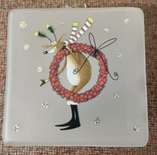 Christmas Frosted Glass 4 Sided Cube Ornament Reindeer Wreath Circles 3” & Box