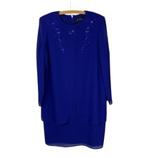 Abito tubino blu Vergine con sovrapposizione trasparente, ricami floreali e paillettes - Taglia 12