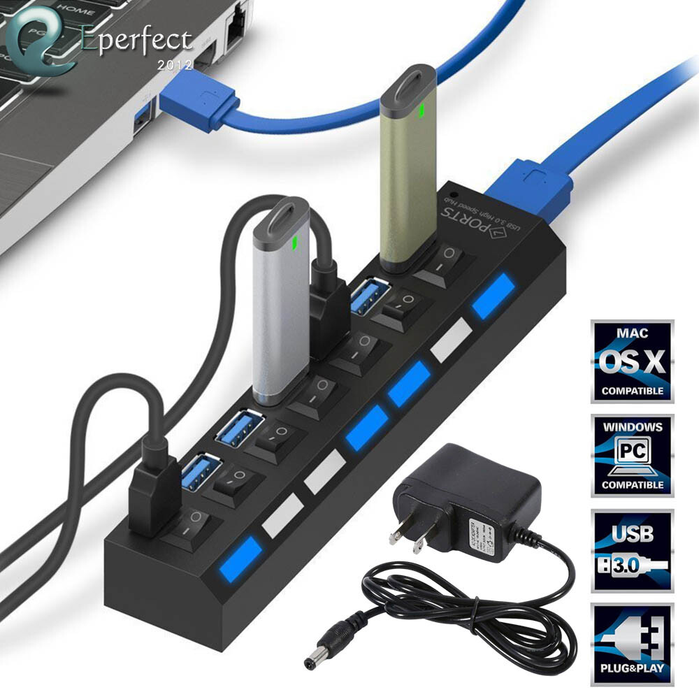 7-Port USB 3.0 Hub with Individual Switches - Portable Splitter Expander