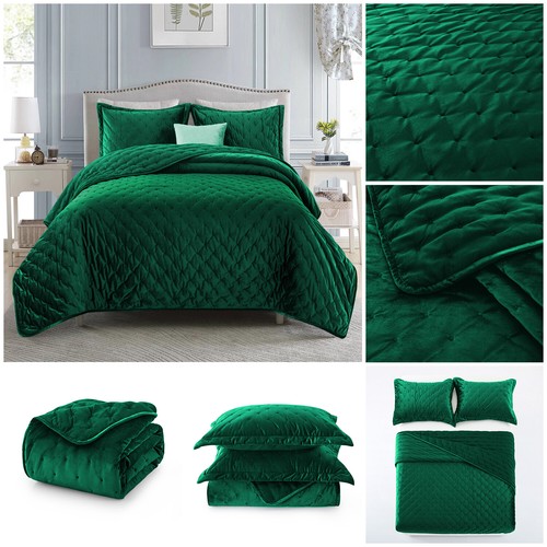 Crushed Velvet Green Quilted Bedspread Throw With Pillow Shams Double