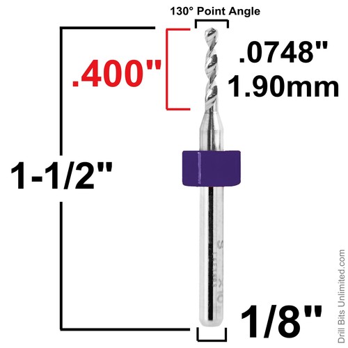 1.9mm .0748" Carbide Drill Bit 1/8" Shank .400" Depth - Premium Carbide Drill - Picture 2 of 3
