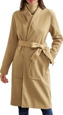 Womens Camel Beige Warm Trench Coat Knee Belted Jacket Size Small