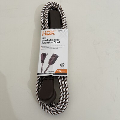 Braided Ext. Cord 10 Ft. 3 Outlets Flat Head 2 Prong 16 Gauge, Free Ship