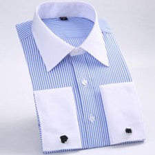 Men's Classic French Cuffs Striped Dress Shirt Single Patch Pocket Cufflink