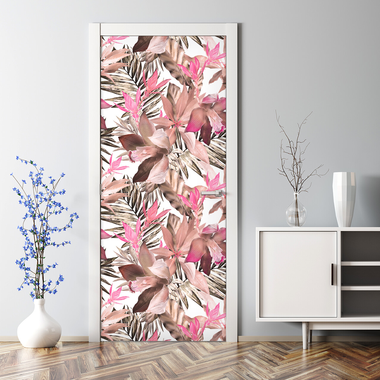 Bubble-free tropical pink floral palm leaf door sticker wall covering