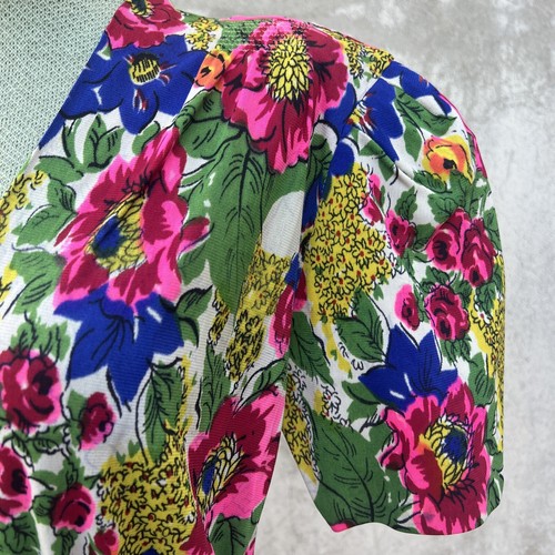 Vintage 1930s Colorful Jersey Rayon Dress Floral Print Puff Sleeve Ruching 1940s - Picture 7 of 12