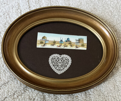 Vtg Mini Persian Polo Game Painted Camel Bone Opelle Glass Heart Ornament Framed