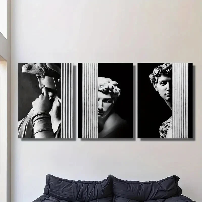 3pcs Modern David Statue Painting Black and White Metal Print Ready to Hang Art