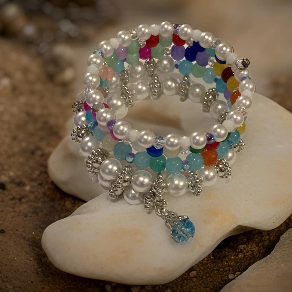 Белый жемчуг многоцветный 8 мм стеклянные бусины ручной работы надежном браслет - Изображение 2 из 4
