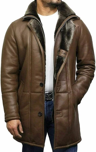 Men's Sheepskin Leather Shearling Coat | Real Fur Lined Winter Warm Long Jacket image 3