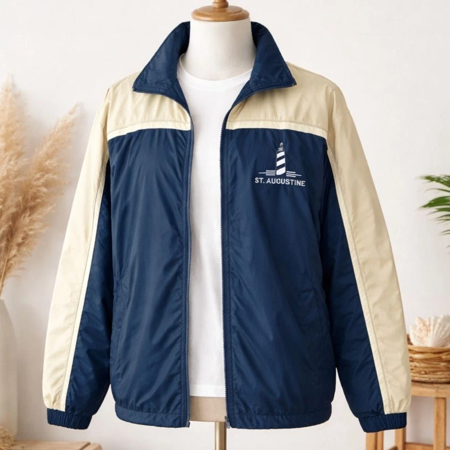 St Augustine Lighthouse Windbreaker Jacket Mens M Vintage Coastal Maritime Coat