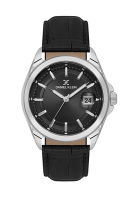Mens 42mm Quartz Watch Leather Strap Silver / Black Date calendar, Embossed