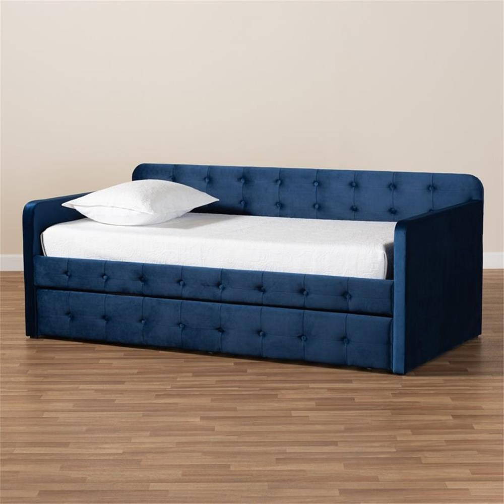 Baxton Studio Jona Navy Blue Velvet Upholstered Twin Size Daybed with Trundle