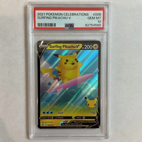 2021 POKEMON CELEBRATIONS #008/025 SURFING PIKACHU V ENGLISH GEM MINT PSA 10
