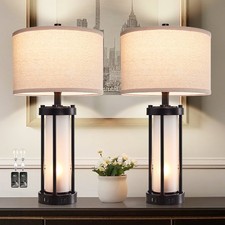 RORIA 24in Modern Table Lamp Set of 2, Black Metal Base, Linen Fabric Shade,