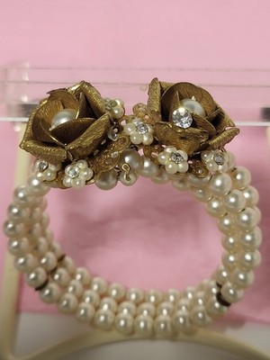 Vintage Miriam Haskell 3 Row Baroque Pearl Crystal Gold Plated Roses Bracelet 