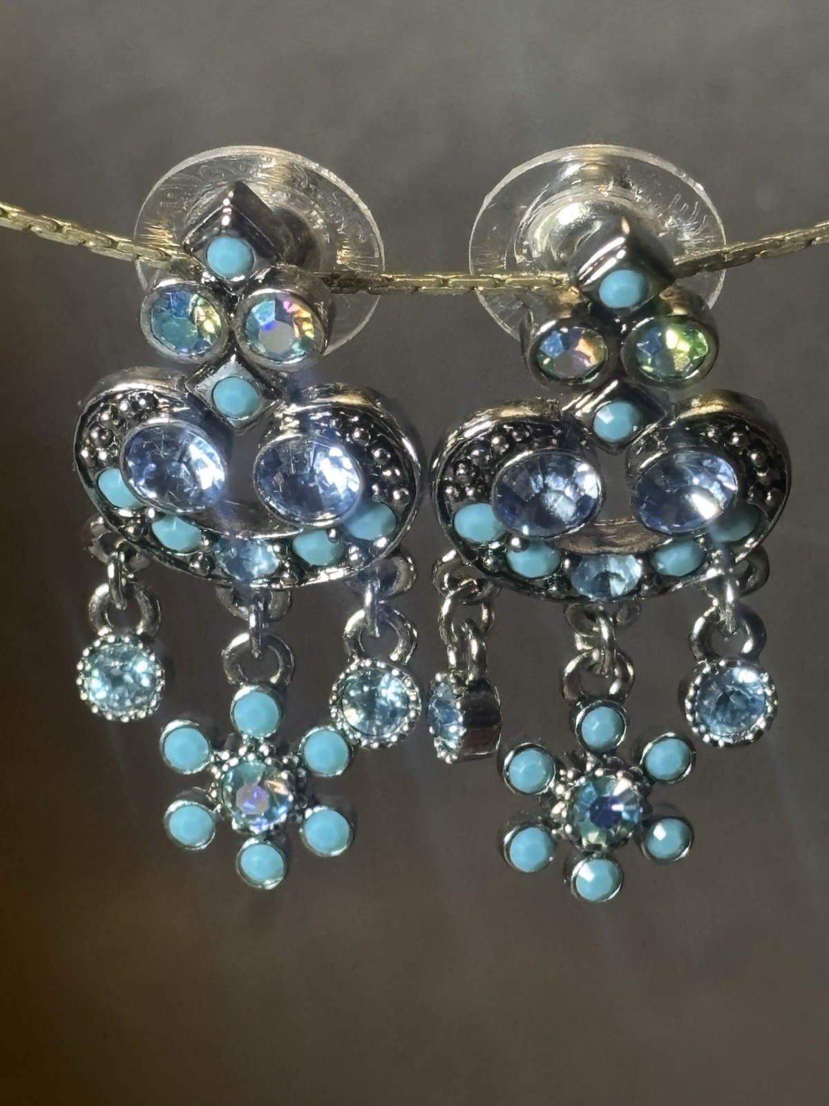 Kirks Folly Earrings Blue Crystal Flower Dangle Drop Womens Chandelier Boho 1.5